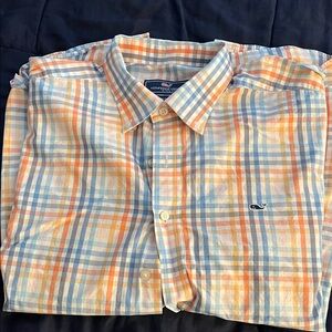 Vineyard Vines Men's Checkered Blue and Orange Shirt